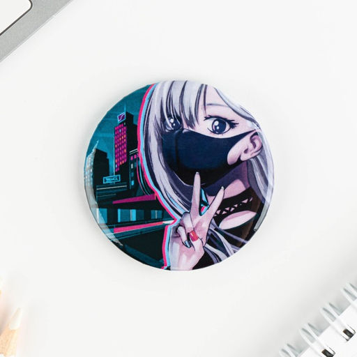Цена за 10 шт. Значок закатной Аниме девушка в городе, d=5.6 см