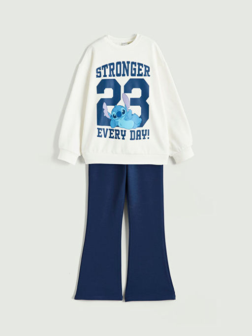 Bisiklet Yaka Stitch Bask?l? K?z ?ocuk Sweatshirt ve Tayt