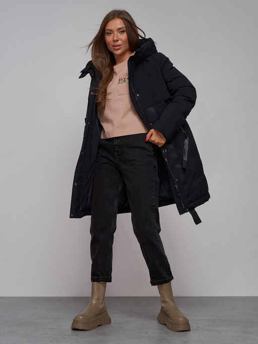 Пальто утепленное молодежное зимнее женское черного цвета 59018Ch - Mtforce фото 18