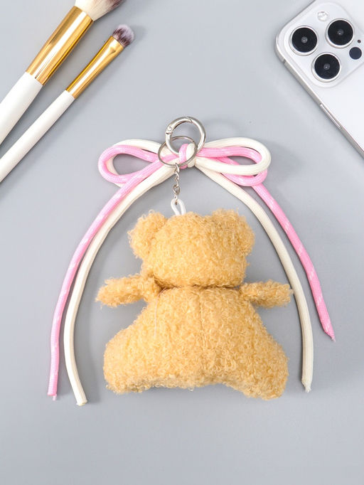Брелок текстиль "Мишка с бело-розовым бантиком" бежевый 6х9,5х20 см