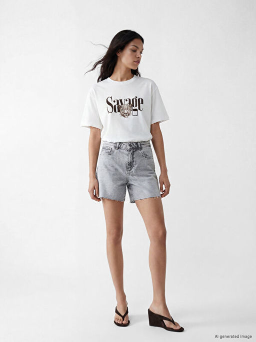 Bask?l? Oversize Kad?n Ti??rt