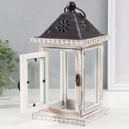 Деревянный подсвечник-фонарь на 1 свечу «Состаренный», белый, 12.5×12.5×25 см