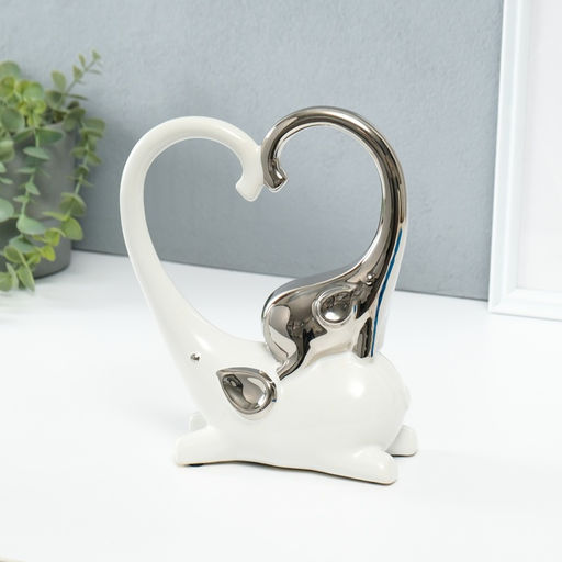 Фигурка керамика Слон со слонёнком. Сердце, белый с серебром, 7.3?17.5?22 см