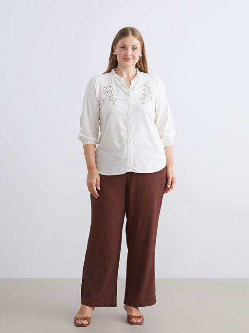 F?rf?rl? Ka??k Yaka Nak??l? Keten Kar???ml? Bluz