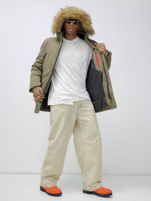 Парка мужская зимняя удлиненная с мехом бежевого цвета 606_1B - Wonderrman фото 14