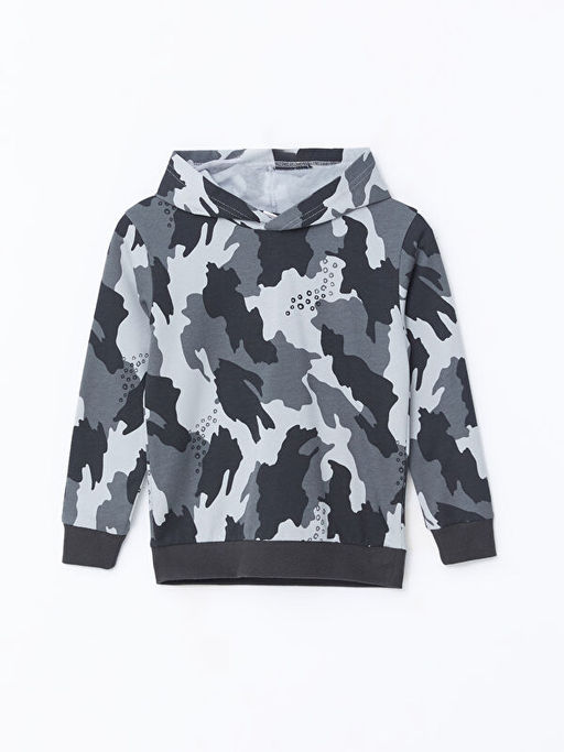 Kap??onlu Bask?l? Uzun Kollu Erkek ?ocuk Sweatshirt