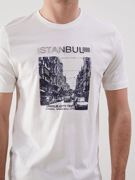 Bisiklet Yaka Bask?l? Penye Erkek Ti??rt