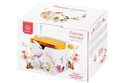 Банка д/сыпучих продуктов 250 мл 12*9,5*9 см Певчие птички+ложка+откидная бамбук.крыш (без золота) - Elan gallery фото 32