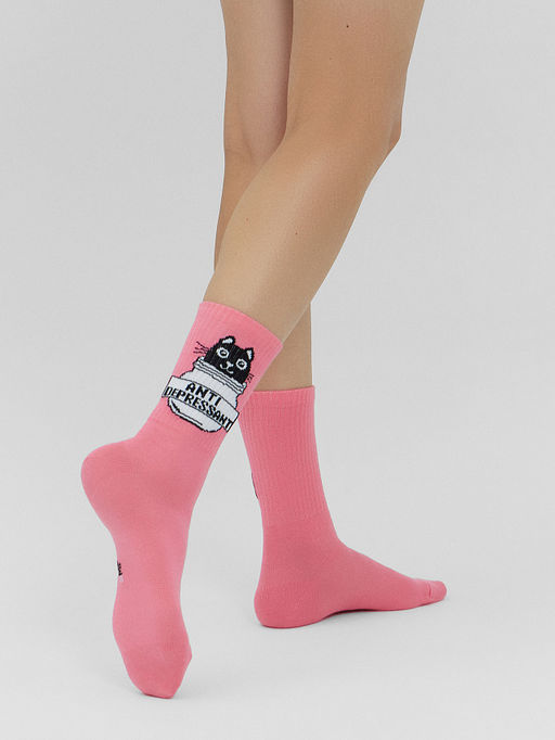 Цена за 5 пар! Носки женские лиловые с рисунком в виде котика и надписью Антидепресант - Mark formelle фото 2