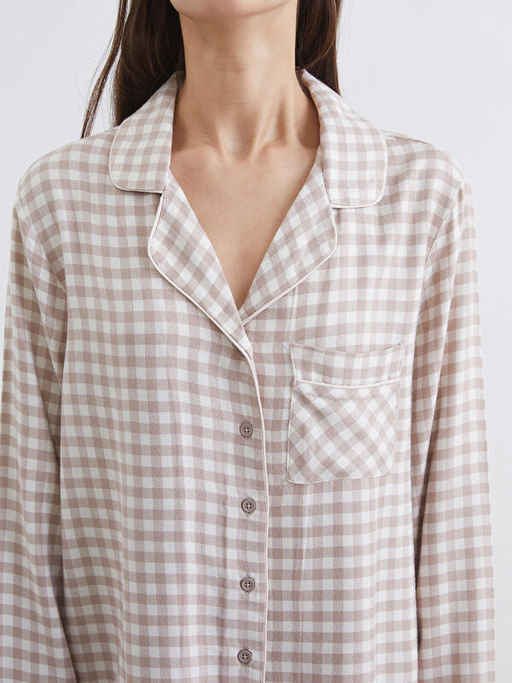 G?mlek Yaka Ekose Kad?n Pijama Tak?m?