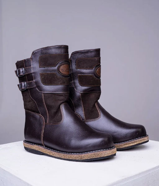 Сапоги Монголки натуральная кожа короткие коричневые, войлочная подошва