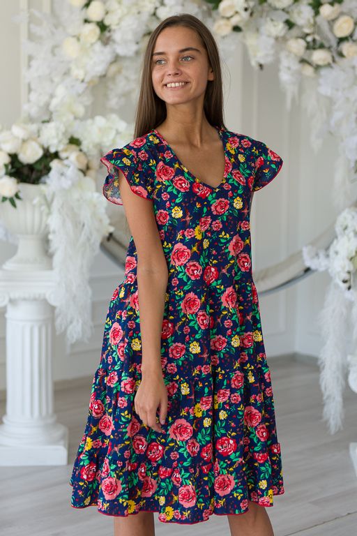 Платье женское из кулирки Люси красно-желтые цветы - Амадэль фото 13