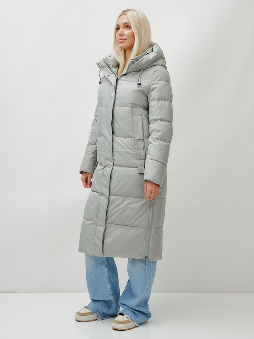 Пальто утепленное стеганное зимнее с капюшоном женское зеленого цвета 9608Z