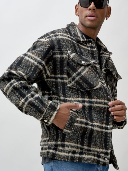 Куртка рубашка шерстяная в клетку мужская демисезонная черного цвета 58596Ch