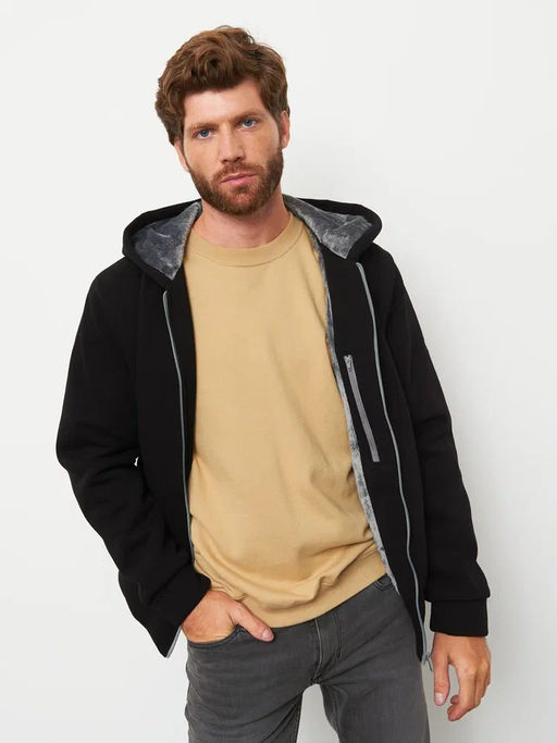 Акция -10%!!! М-34 Куртка-толстовка мужская на меховой подкладке (черный)