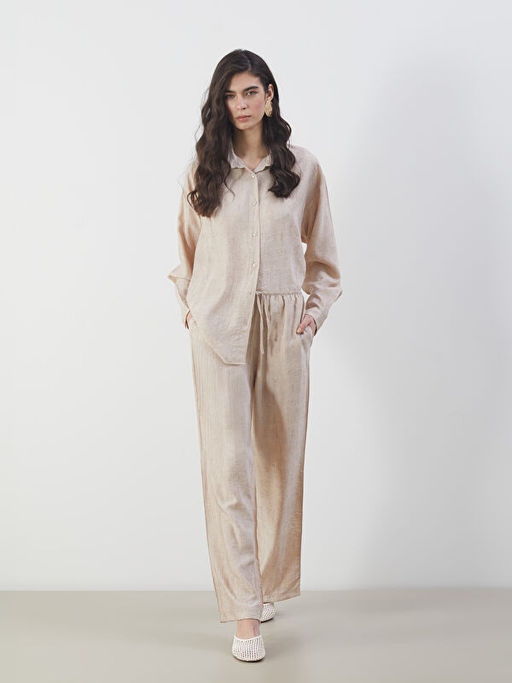 Beli Lastikli Keten G?r?n?ml? Kad?n Pantolon