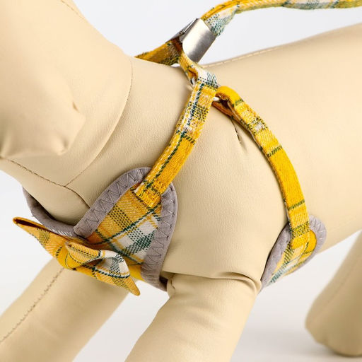 Комплект амуниции с мягкой шлейкой, 120 х 1 см, ОШ 28-54 см, ОГ 36-60 см, серо-жёлтая клетка - Пижон фото 3