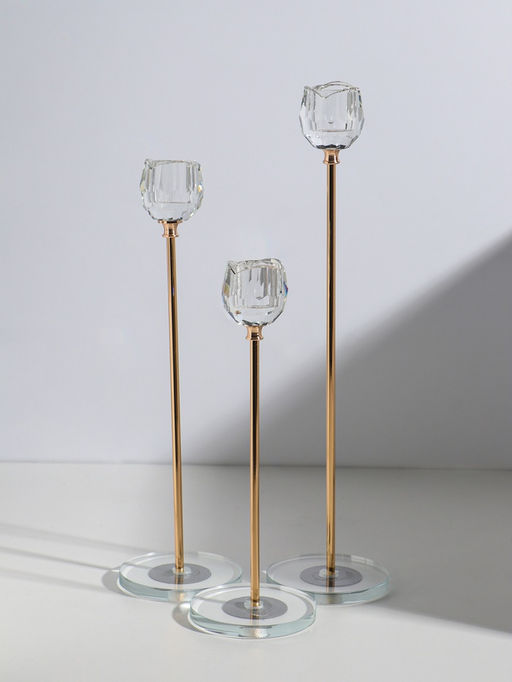 Подсвечник стекло, металл "Бутон-кристалл" d=2,2 см набор 3 шт h=23, 27,5 и 32,5 см