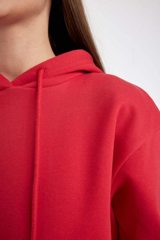 Женская красная толстая базовая однотонная толстая толстая базовая толстовка с капюшоном и карманом-кенгуру Relax Fit - Defacto фото 5