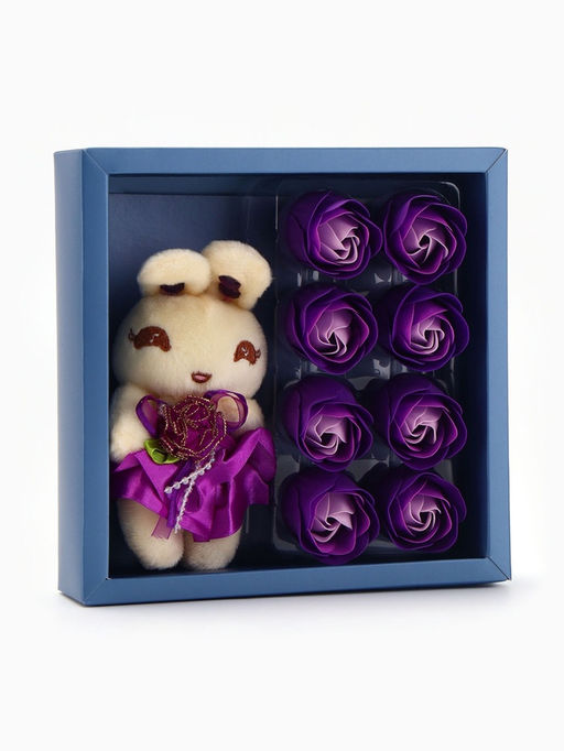 Набор мыльных роз в коробке 8 штук, фиолетово-белые с зайчиком - SB BEAUTY фото 5