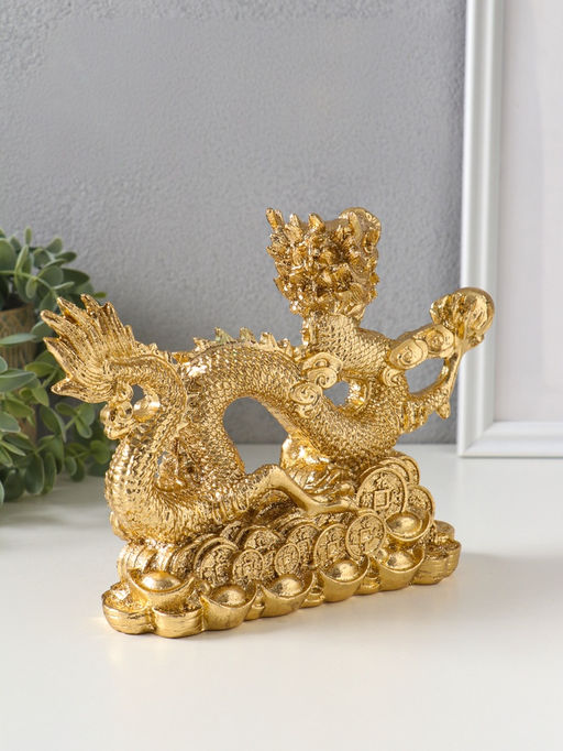 Нэцкэ фигурка полистоун «Дракон с шаром на монетах», под золото, 21×16.5×6 см