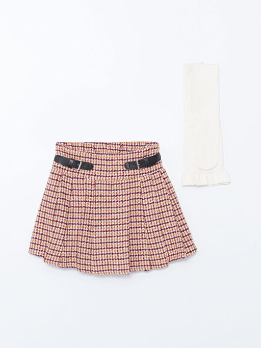 Ekose Desenli K?z ?ocuk Etek ve K?lotlu ?orap 2li Tak?m