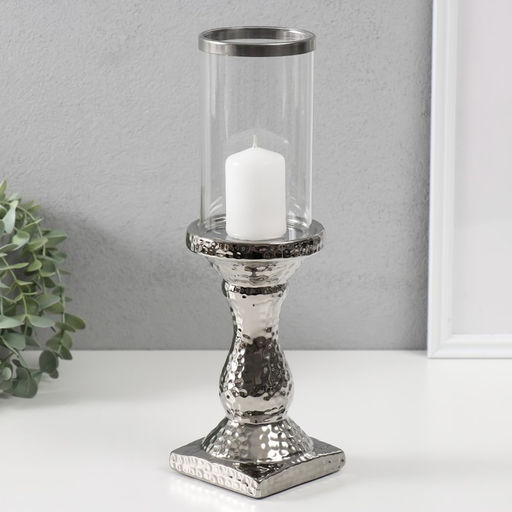 Подсвечник на 1 свечу «Монти», керамика, стекло, d=7.5 см, серебро, 9×9×31.5 см