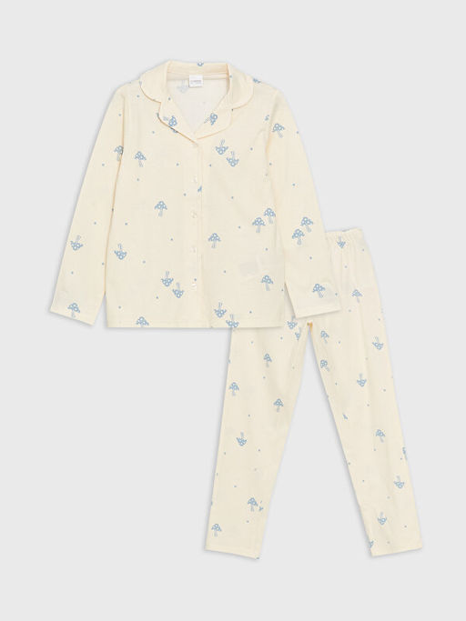 G?mlek Yaka Bask?l? Uzun Kollu K?z ?ocuk Pijama Tak?m?