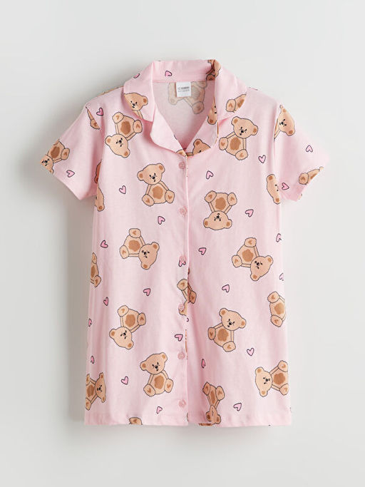 G?mlek Yaka Ay? Teddy Bask?l? K?z ?ocuk ?ortlu Pijama Tak?m?