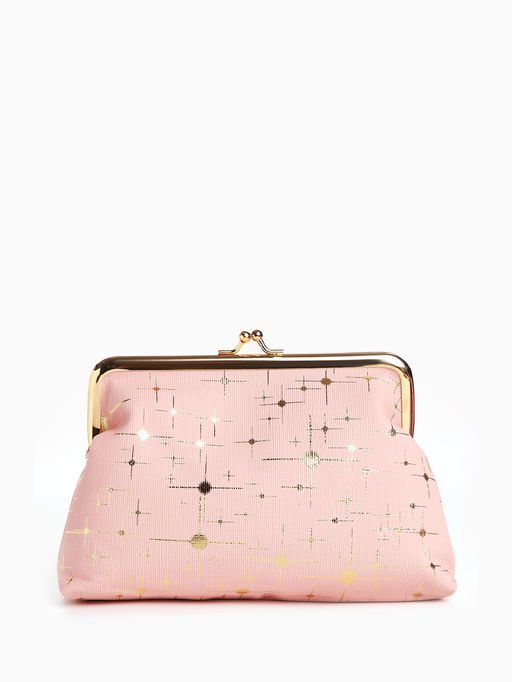 Косметичка женская на фермуаре, маленькая, с золотистым принтом, нежно-розовая