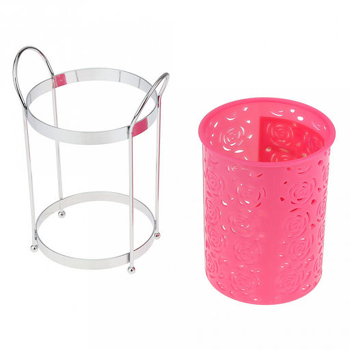 Подставка хромированная для столовых приборов "Розы" 12,7х10,5х17,5см, на ножках, пластмассовая вставка д10,5см h13,5см, цвета в ассортименте: белый, розовый, салатовый (Китай)