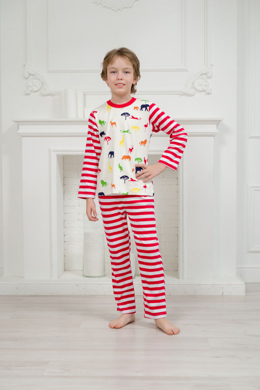 Пижама детская из джемпера и брюк без манжет из интерлока Сафари красный полоса - Амадэль фото 8