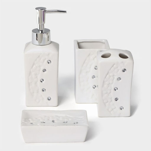 Аксессуары для ванной Доляна Цветочный барельеф, 4 предмета, дозатор 270 мл, мыльница, 2 стакана 210 мл, белые  фото 5