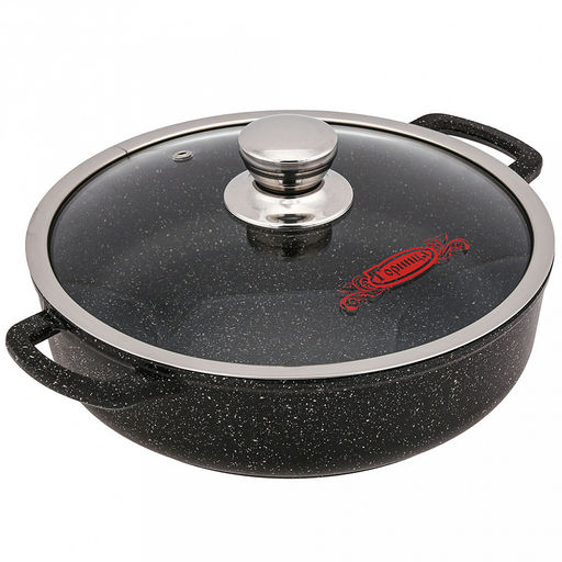 Жаровня с антипригарным покрытием 3,5л, д28см "Гранит Induction", h7см, s0,4см, литые ручки, стеклянная крышка с пароотводом, подарочная упаковка (Россия) Подходит для всех видов плит, включая индукционную.