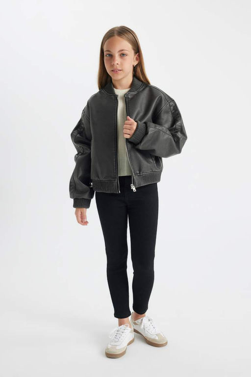 Водоотталкивающее пальто-бомбер из искусственной кожи с воротником колледжа для девочек - Defacto фото 2