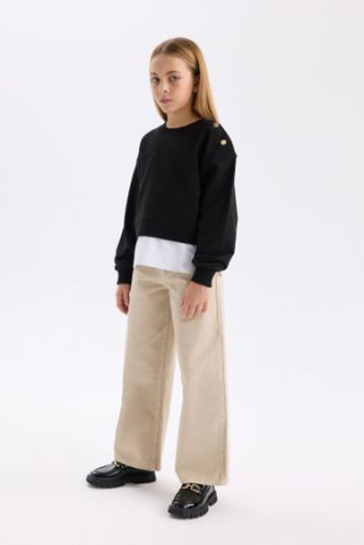 K?z Cocuk Wide Leg Genis Bol Paca Pamuklu Cepli Bej Pantolon