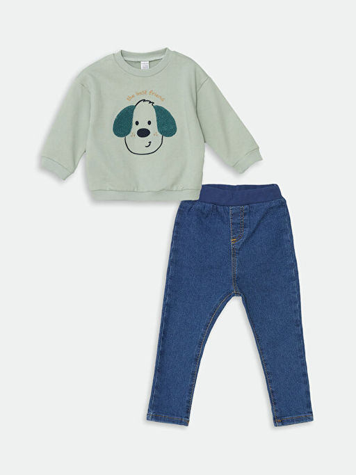 Bisiklet Yaka Uzun Kollu Bask?l? Erkek Bebek Sweatshirt ve Pantolon 2li Tak?m