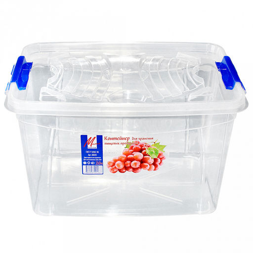 Контейнер для хранения продуктов пластмассовый 20л, 40х27х24,5см, с ручкой, 2 защелки, прозрачный (Россия)