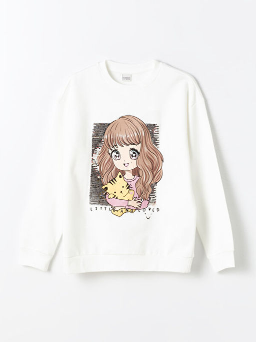 Bisiklet Yaka Bask?l? ?ift Y?nl? Payetli Uzun Kollu K?z ?ocuk Sweatshirt - Waikiki фото 3