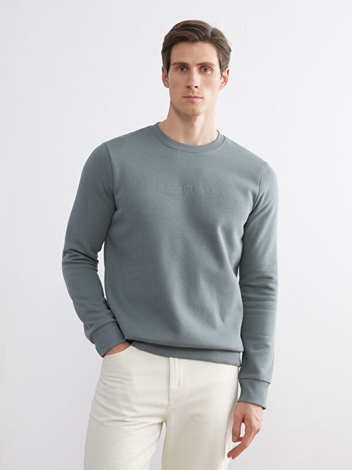 Standart Kal?p Bisiklet Yaka Bask?l? Erkek Kal?n Sweatshirt