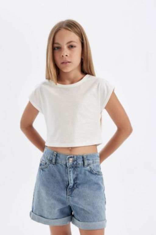 K?z Cocuk Slim Fit Dar Kesim Bisiklet Yaka Fitilli Kaskorse K?sa Kollu Tisort