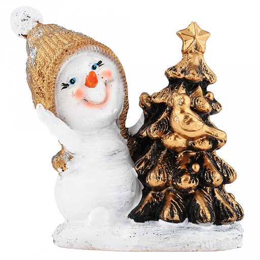 Скульптура-фигура для сада из полистоуна Снеговичок маленький у елочки с птичкой h11см (Россия) - Домашняя мода фото 2