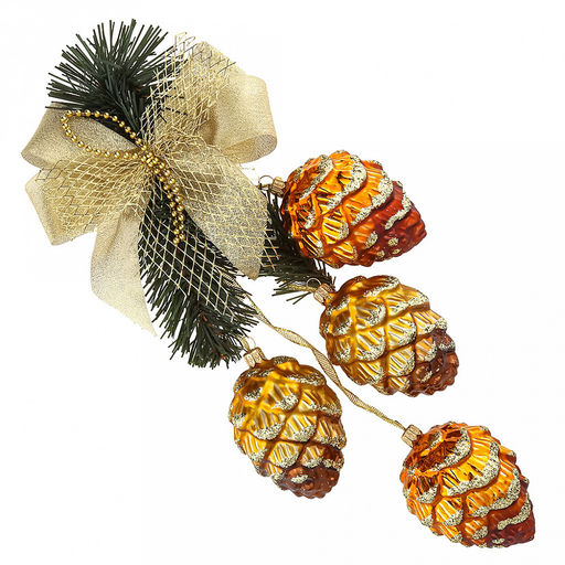 Елочная игрушка гирлянда стеклянная "Кедровая ветка", 4 шишки 9х6,5см, бант, ручная художественная роспись, подарочная упаковка (Россия)