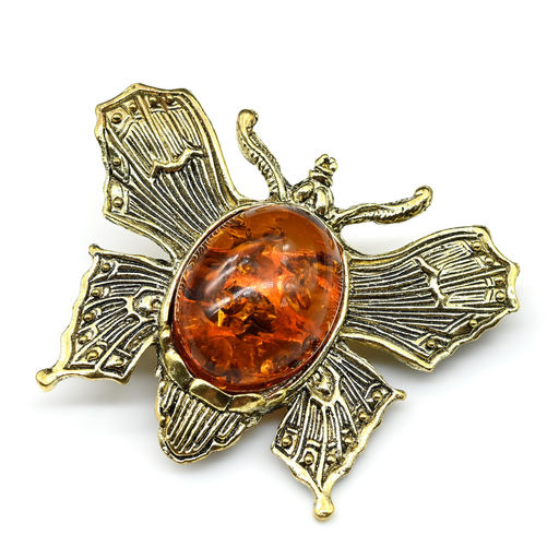 Брошь Бабочка с янтарем в бронзе 45*35мм коньячный