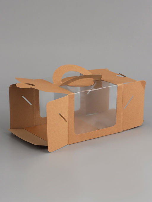 Коробка под бенто-торт с окном, крафт, 16×16×12.5 см