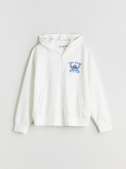 Kap??onlu Stitch Bask?l? K?z ?ocuk Fermuarl? Sweatshirt