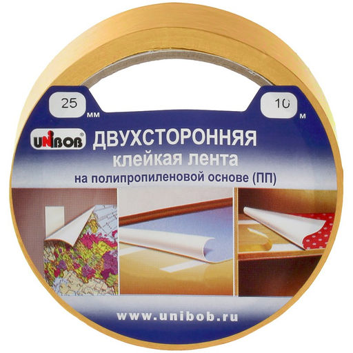 Клейкая лента двухсторонняя 25мм*10м "UNIBOB" (38915) основа-полипропилен