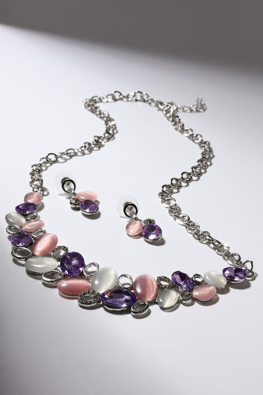 Набор 2 предмета: серьги, колье Листочки, цвет розовый в серебре, 40 см