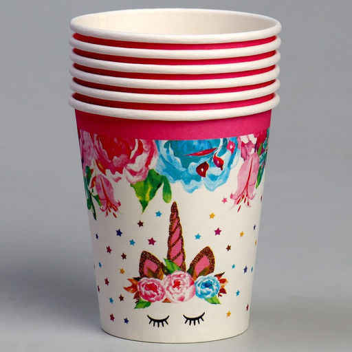 Цена за 4 шт. Стакан бумажный «Единорог и цветы», набор 6 шт., 220 мл, цвет розовый