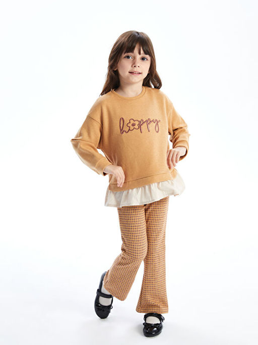 Bisiklet Yaka Nak??l? K?z ?ocuk Sweatshirt ve Tayt 2li